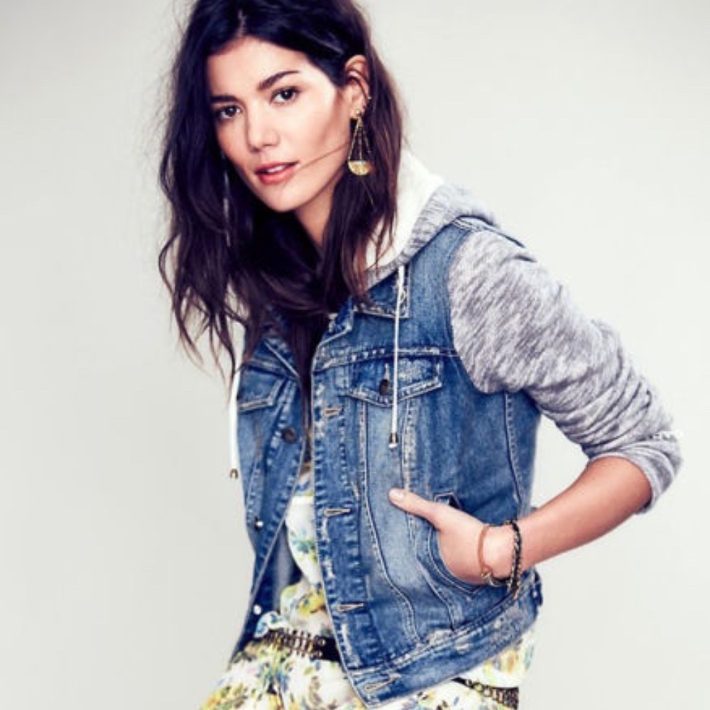 Free People Distressed Denim Sweatshirt Jacket